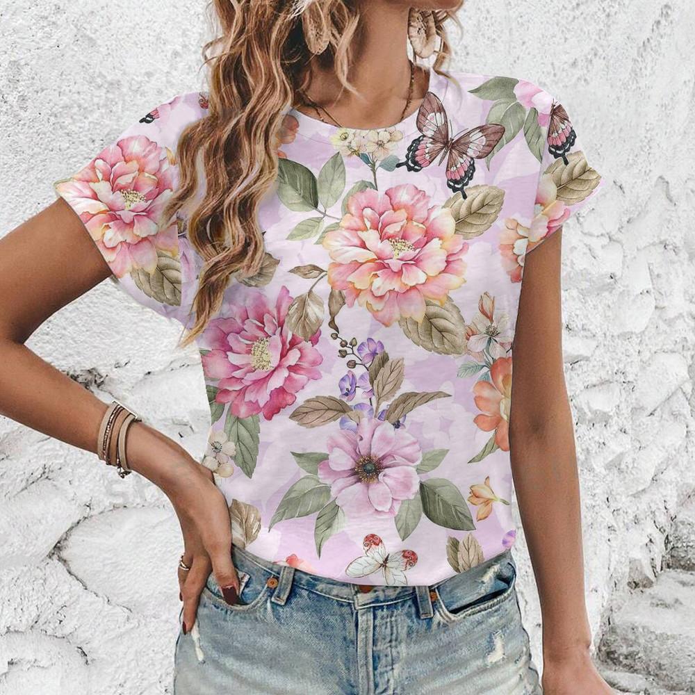 Elegant Simple Loose Women's T-shirt Summer Breathable Comfortable Round Neck T-shirt Fashion Vintage Flower Print T-shirt