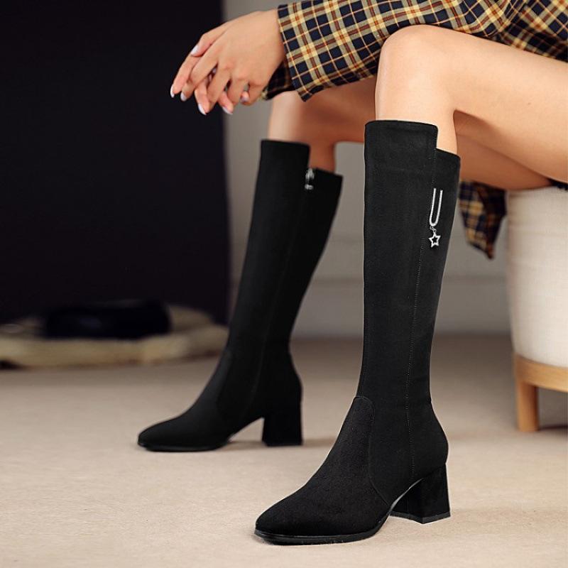 Herbst und Winter neue seitlicher Reißverschluss hohe Stiefel Damen mittlerer Absatz runde Spitze große Größe Damenstiefel Blockabsatz Wildleder Koreanische Version Modestiefel