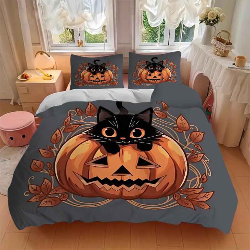 3pcs Pumpkin and Flowers Cat Bedding Set - Includes Quilt Cover and Pillowcases, Suitable for All Seasons N077