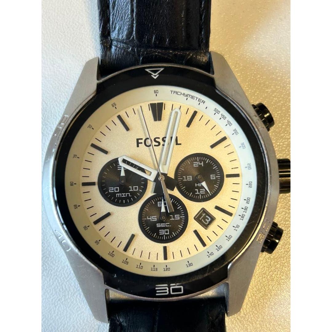 Used FOSSIL Chronograph Watch Cream Color/Black Battery Replaced