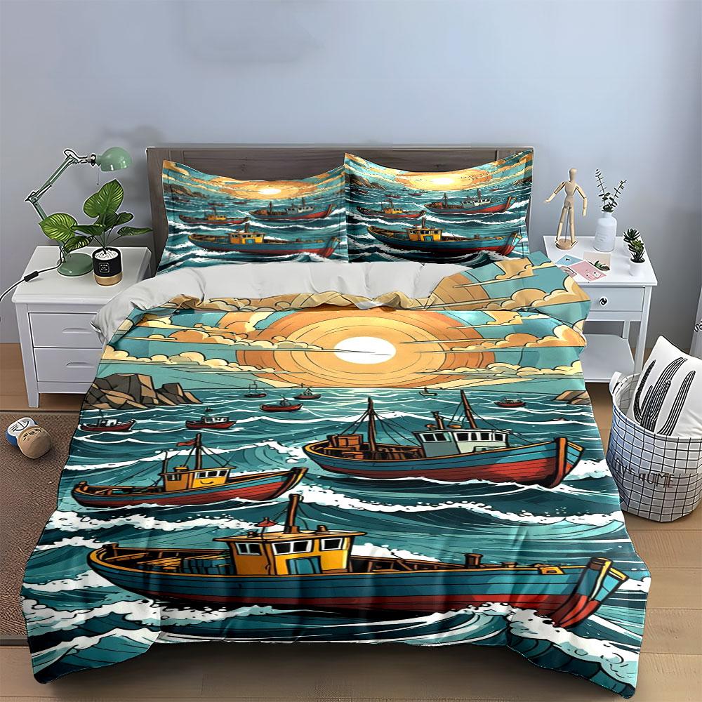 Boats, waves, sun, clouds. Bedding sets Duvet cover sets Duvet covers Pillowcases(1*Duvet Cover 2*Pillowcases without duvet insert)