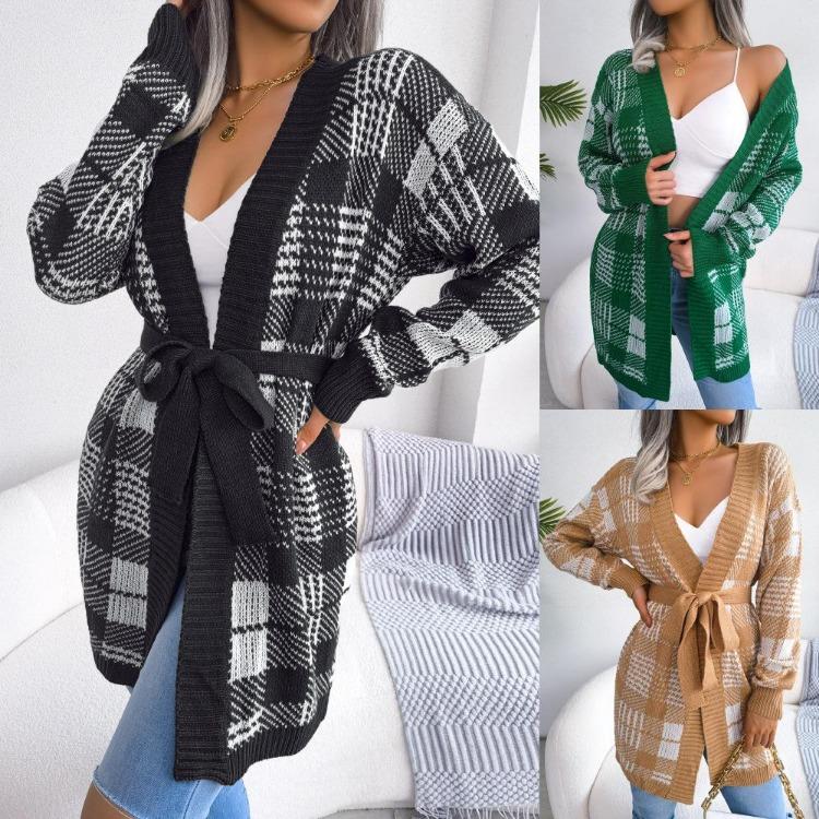 Autumn Winter Women Plaid Knitted Cardigan Sweater with Lantern Sleeve and Strap