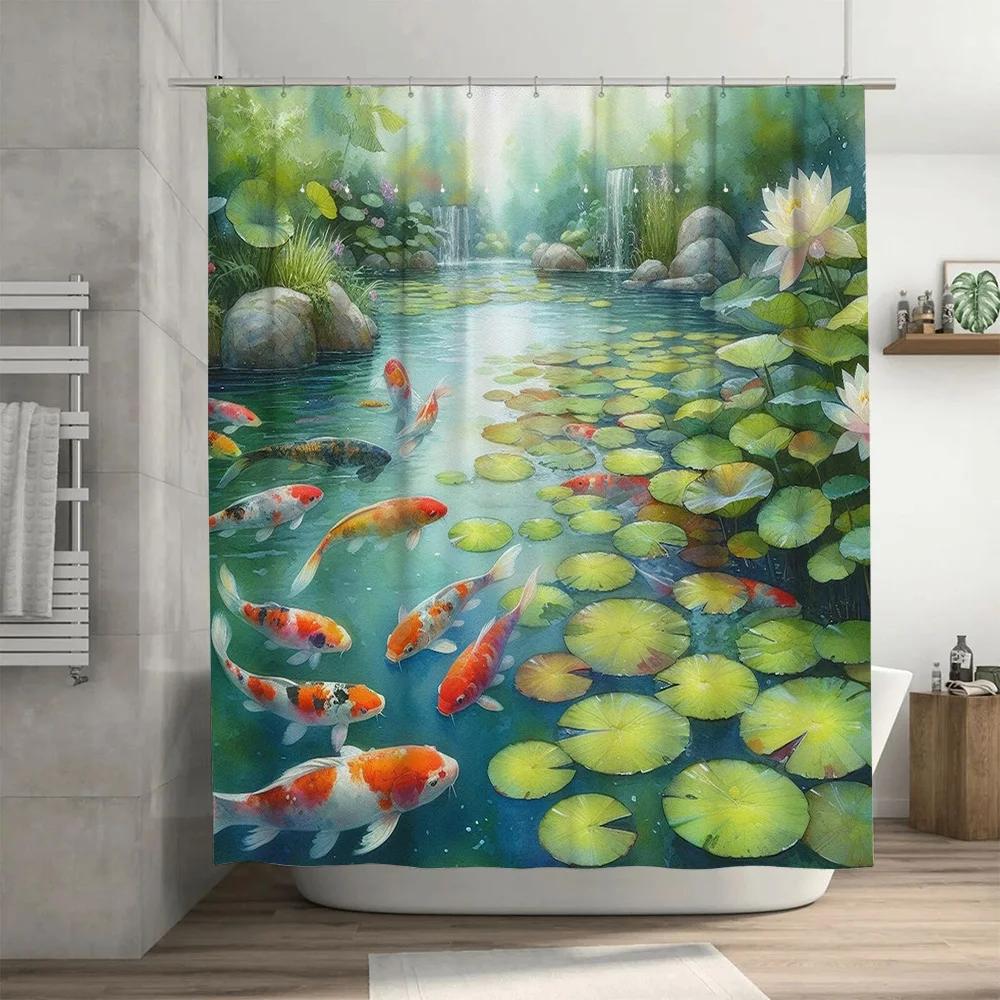 Vibrant Fishes Shower Curtain with Lotus Pond Scene Waterproof Fabric for Bathroom Decorations Multi-Colored Koi Carps Design Si