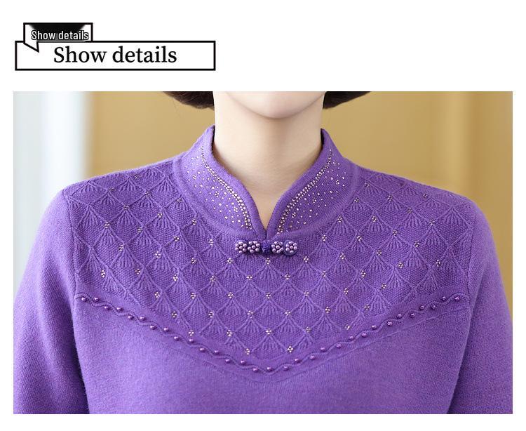 2024 Warm Knit Fair Isle Sweater with Qipao Collar for Middle-Aged & Elderly Women