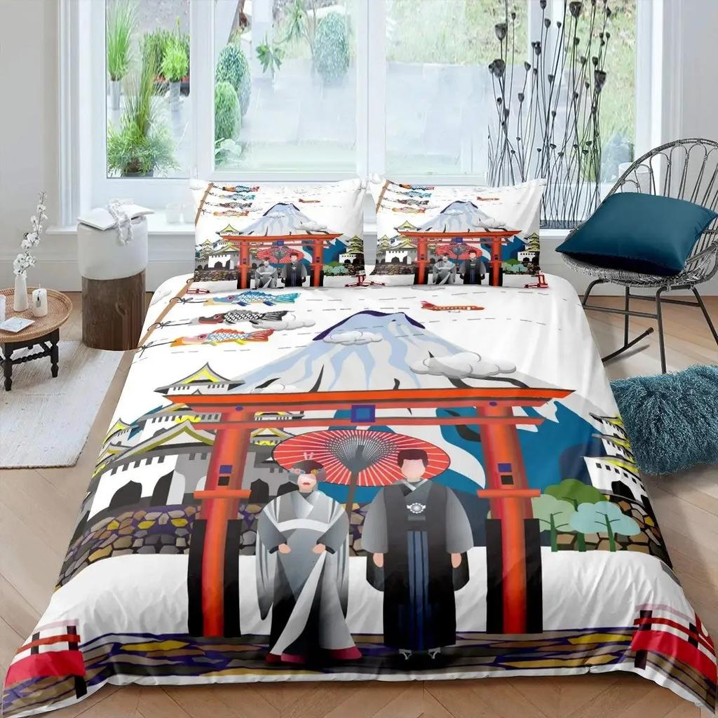 Japan Mount Fuji Duvet Cover Set Cherry Comforter Cover Retro Tower Bedding Set Japanese Ukiyo-E Bedspread Cover Full Queen Size