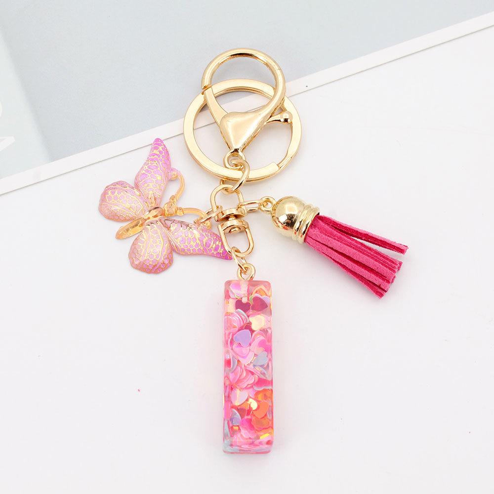 Pink Butterfly Tassel & Resin Sequin Letter Keychain - Backpack Charm for Women