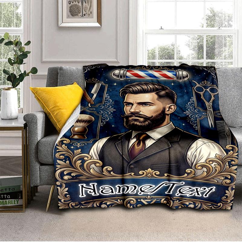 1PC Custom Name Barber Shop Vintage Style flannel blanket versatile,all-season throw suitable for the living room,bedroom,camping,travel,and gift
