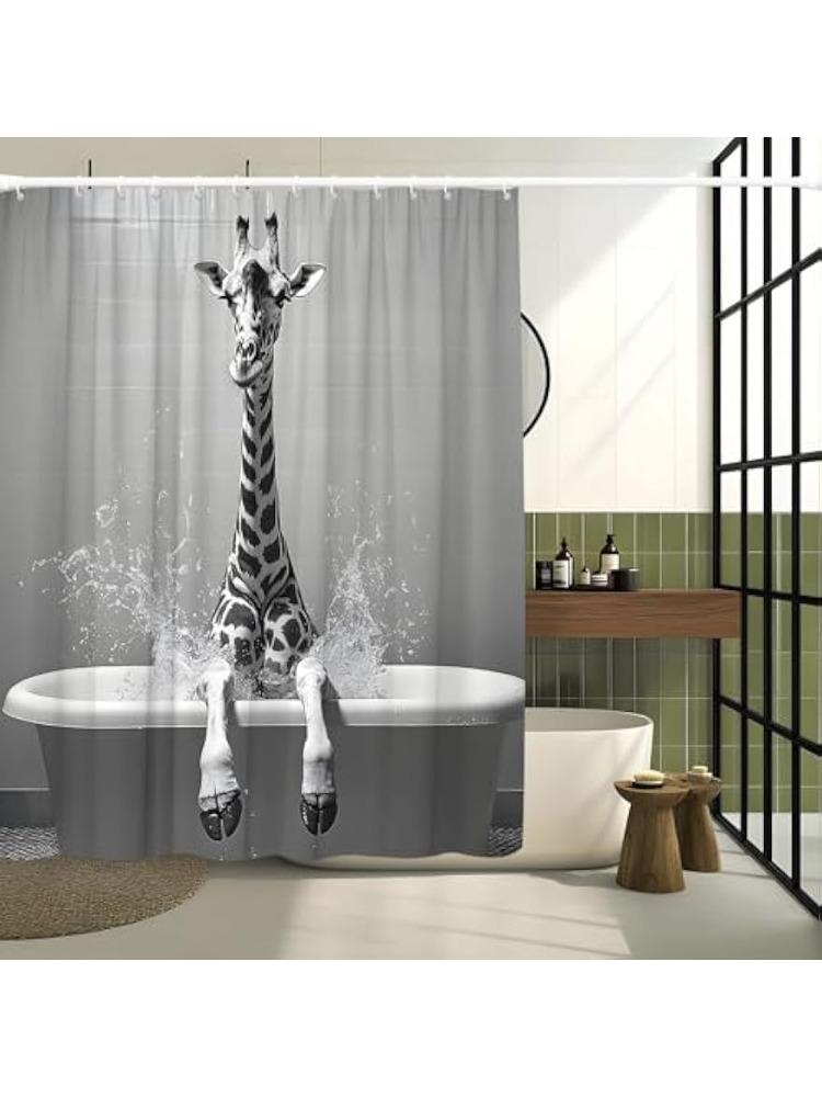 The Cute Giraffe Is Sitting In The Bathtub And Taking a Bath  Animals Wildlife Vintage   Fabric Bathroom Decorative Curtain