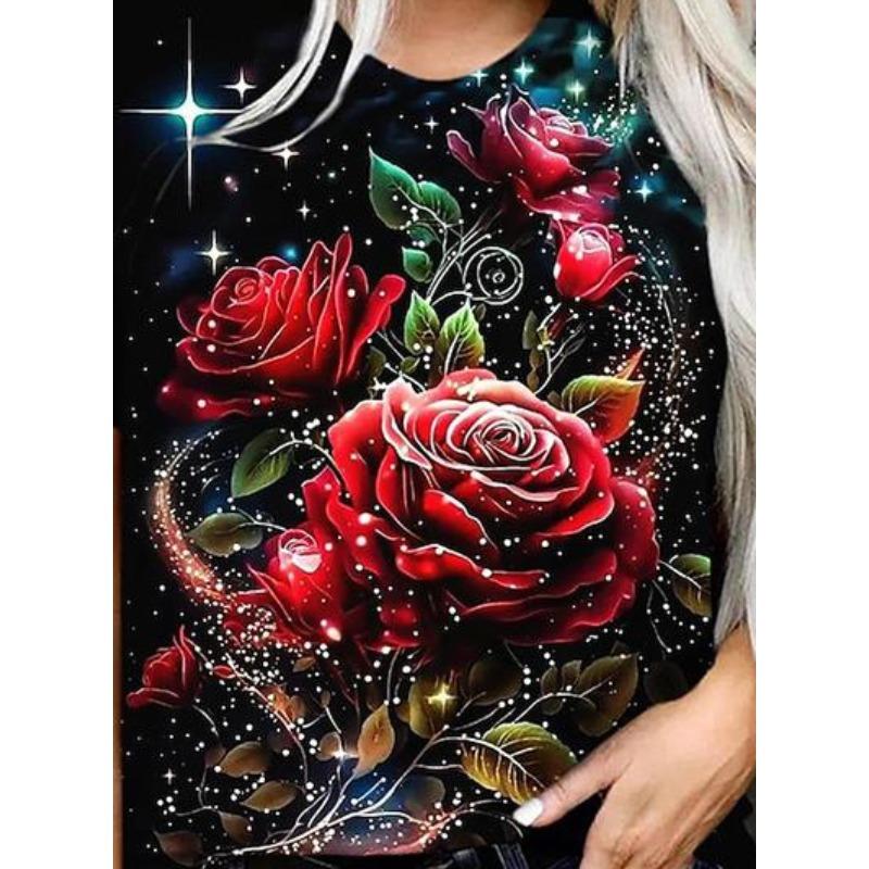 Summer Casual Printed Top Red Rose Printed Short Sleeved Women's T-shirts