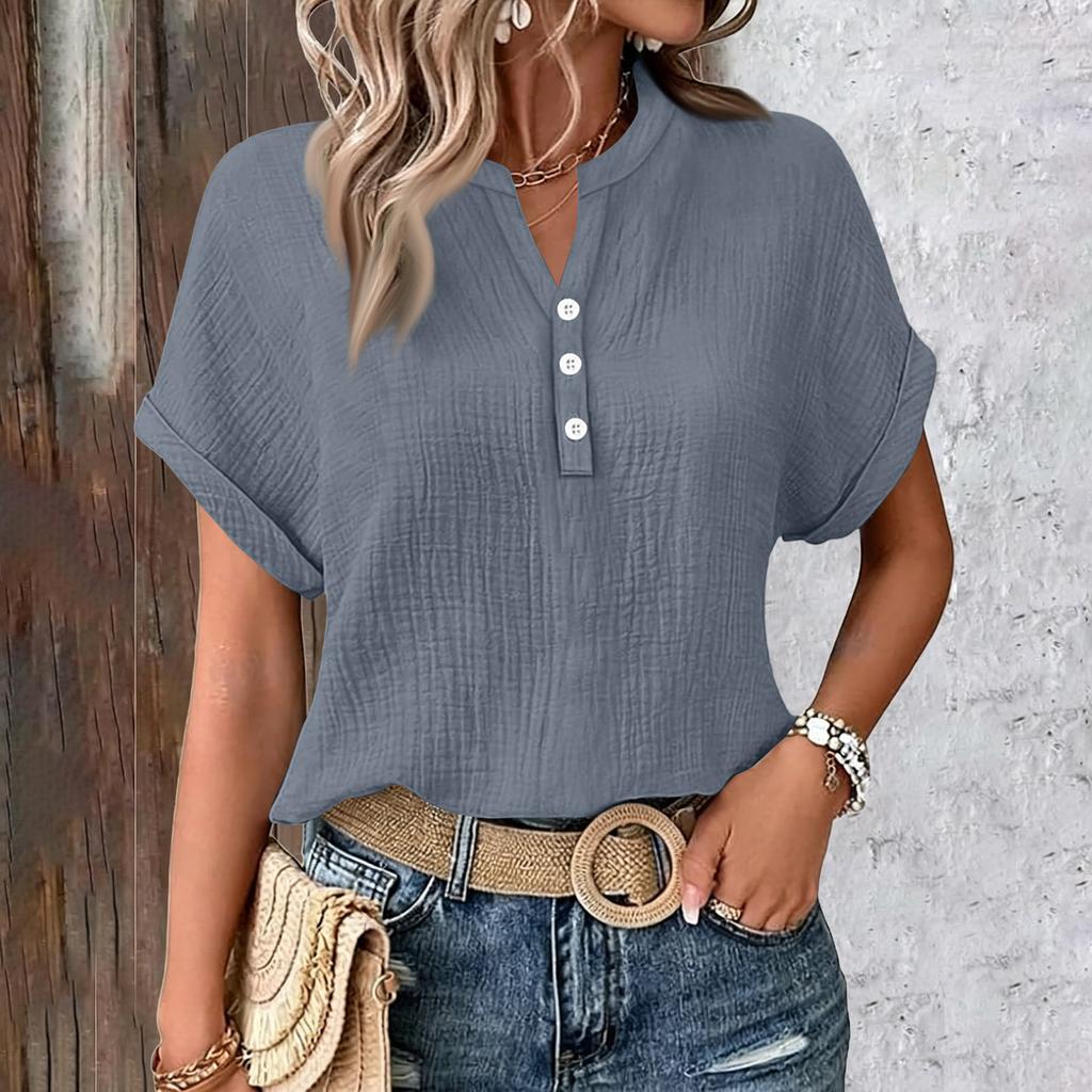 Womens Summer Tops Casual Button V Neck Short Sleeve Shirts Loose Pullover Tops Oversized Lightweight Blouses