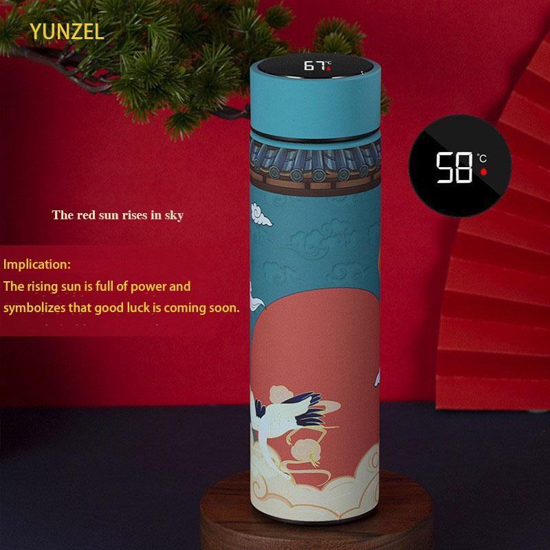 304 Stainless Steel Insulated Water Bottle 500ml Chinese Style Gift Flask with Temp Display Outdoor Portable Cup