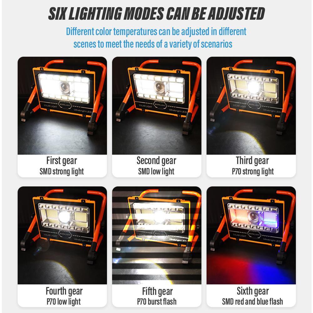 Solar LED flood light Outdoor searchlight Portable camping light Composed of 299 lamp beads With red and blue warning light