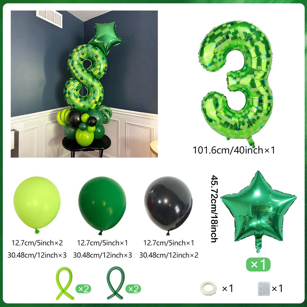40 inch green pixel digital balloon set (0-9) pentagram aluminum foil balloons for decorating boys and girls' birthday parties