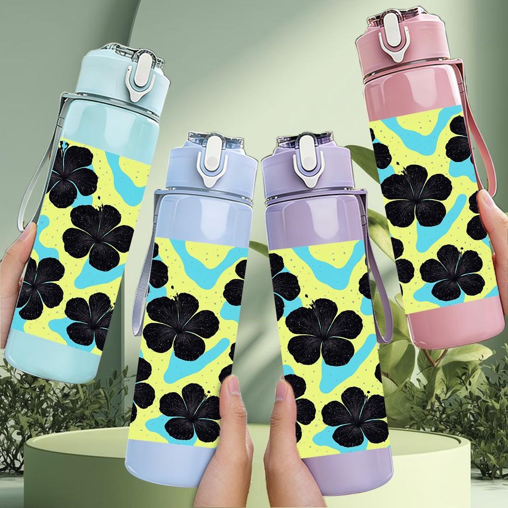 1PC Black Yellow Flower Tile Pattern Print 750ml Color Plastic Sports Water Bottle Leakproof Flip Straw Lid Suitable for Sports Office Home Use