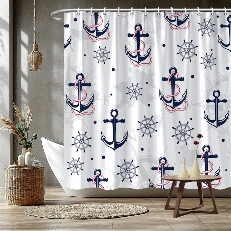1pc Pink Nautical Anchor-patterned Shower Curtain, Machine Washable Polyester, Suitable for Bathroom Décor.