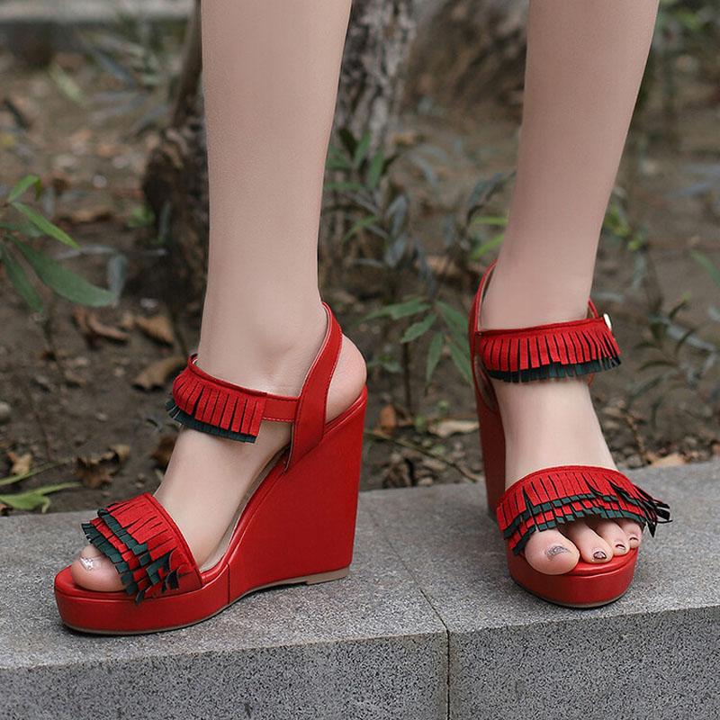 Women Wedges Sandals Large Size 34~43 Summer Flock Sandals Tassel Decorate Ankle Strap High Heels Dress Platform Shoes WSH5055