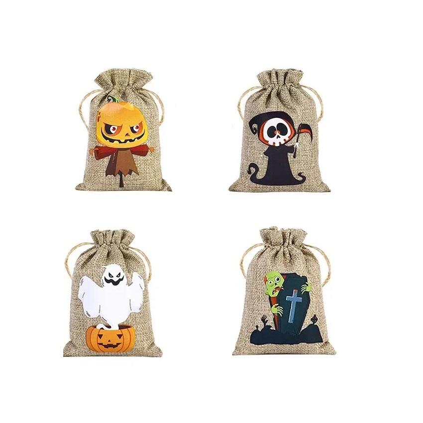 

4/12 шт. Хэллоуин Тыква Череп Мешочек для конфет Льняной мешок для хранения Хэллоуин Ужас Веселый узор Подарочная декорация Карман на завязках 10X15cm