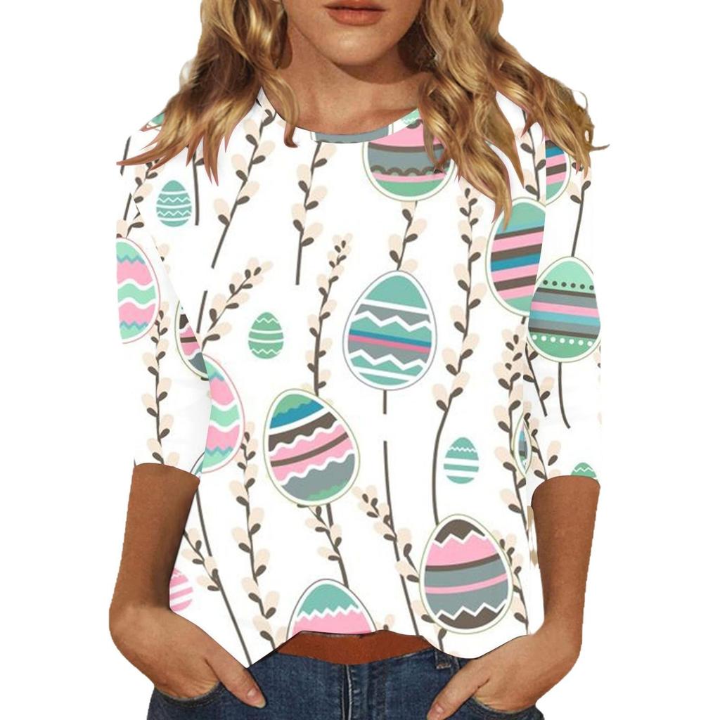 Round Neck 3D Rabbit Festival Printed Top Fashionable Casual Long Sleeved Women's T-shirts