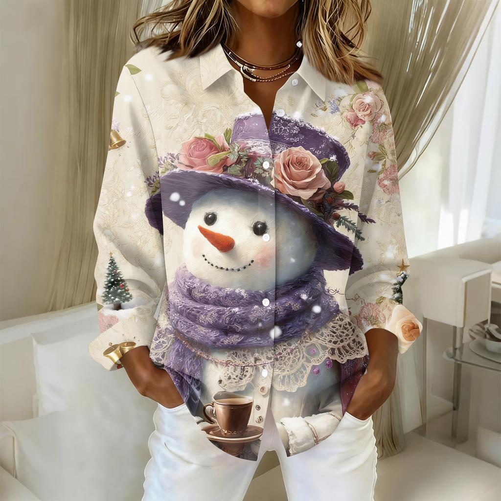 Women's Christmas Printed Button Up Long Sleeved Casual Regular Shirt With Collar Top