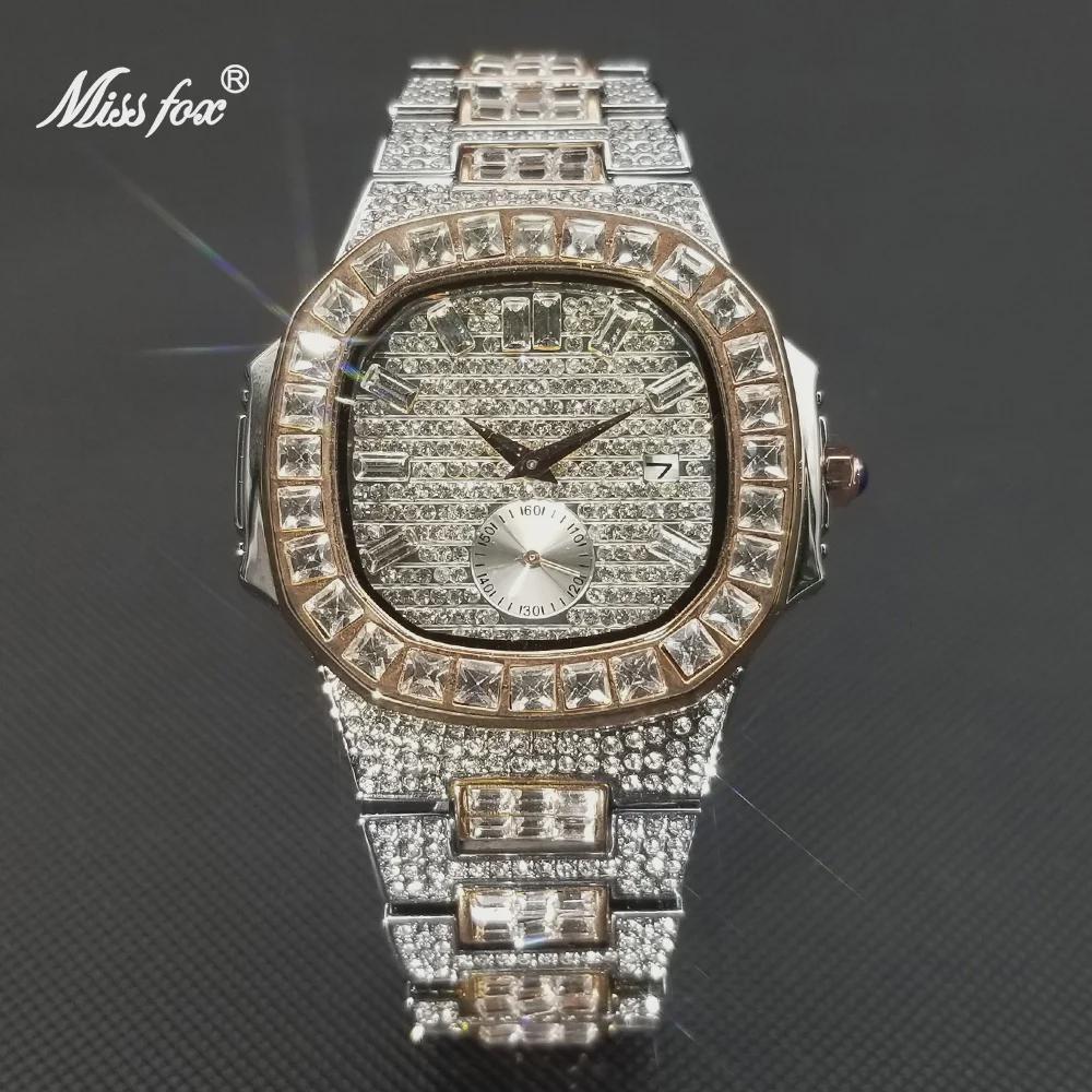 Hip Hop Iced Out Mens Watch Diamond Paved Analog Quartz Watch Waterproof Stainless Steel Luxury Wristwatch