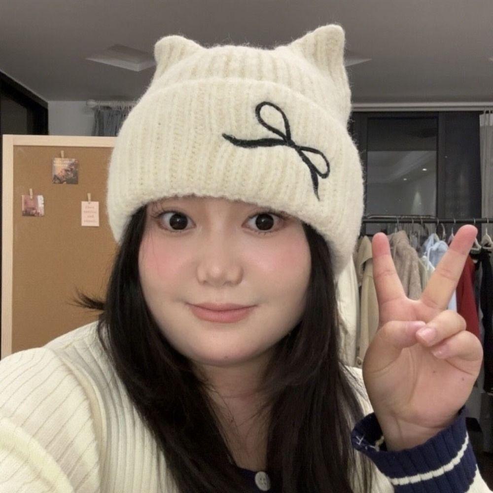 Solid Color Cat Ear Beanie Thickened Knitted Skullies Soft Knitted Woolen Hat  Autumn
