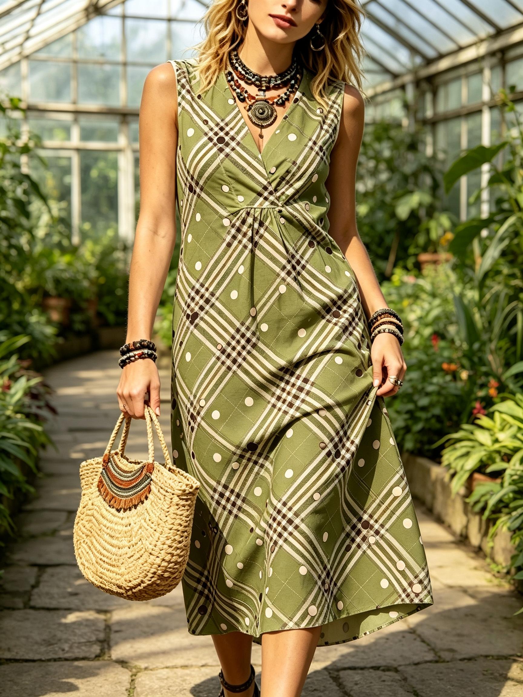Army Green Plaid Polka Dot Sleeveless V Neck Midi Dress Women Boho Empire Waist Linen Style Summer Garden Holiday Dress XXS