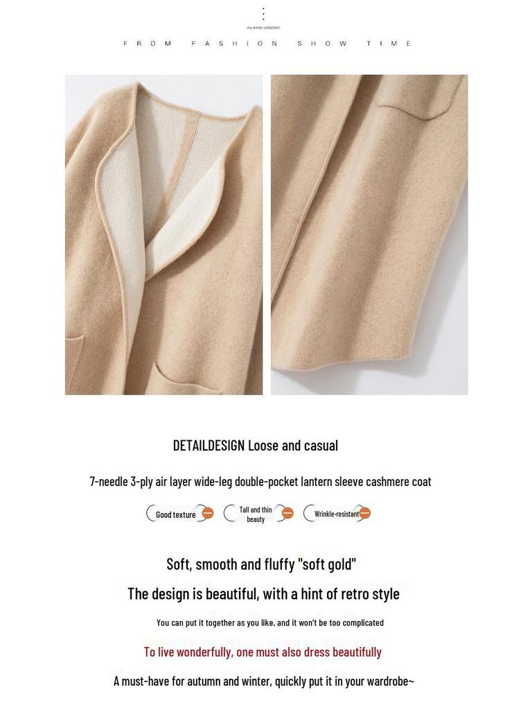 Versatile Cashmere Long Coat: Round Neck, Buttonless, Mid-Length, Stylish and Casual, Long-Sleeved Outerwear for Autumn/Winter.