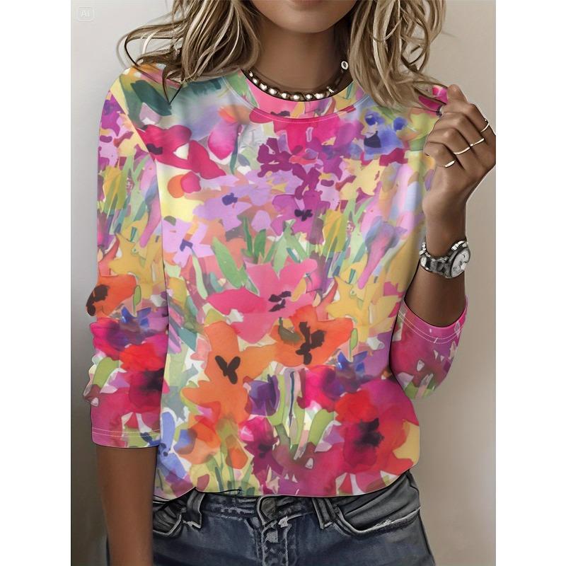 Round Neck 3D Flower Printed Top Casual Long Sleeved Women's T-shirts - Soft Medium Stretch Polyester Fabric Spring and Autumn Relaxed Fit Clothing