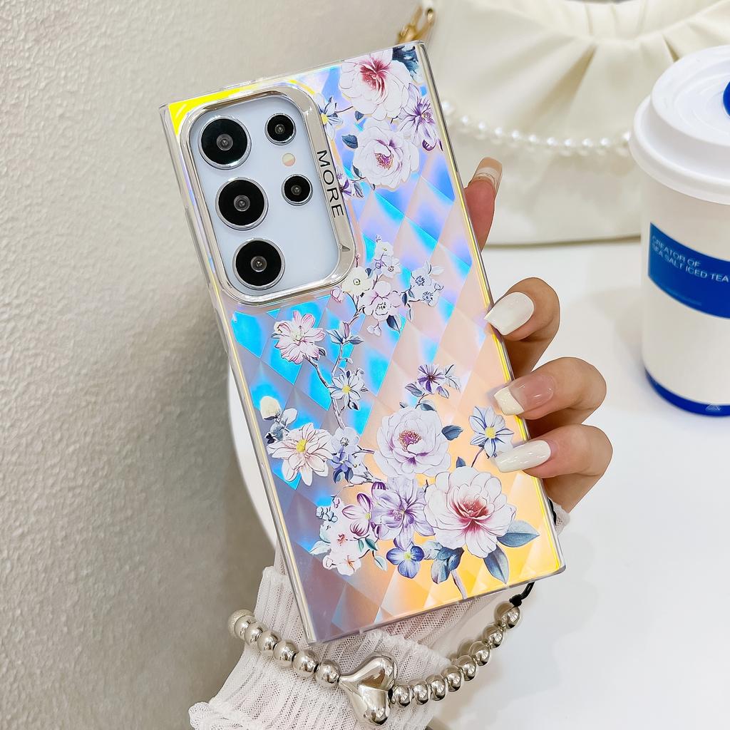 For Samsung Galaxy S24 Ultra Case TPU+PC Flower Pattern Laser Texture Phone Cover with Beaded Bracelet