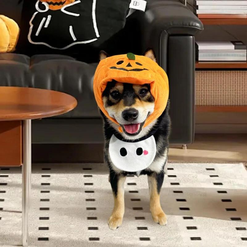Halloween Pet Costume Set Cute Pumpkin Ghost Style Cat Dog Pet Clothing Hat With Pet Bib Scarf  Pet Accessories Festival Gift
