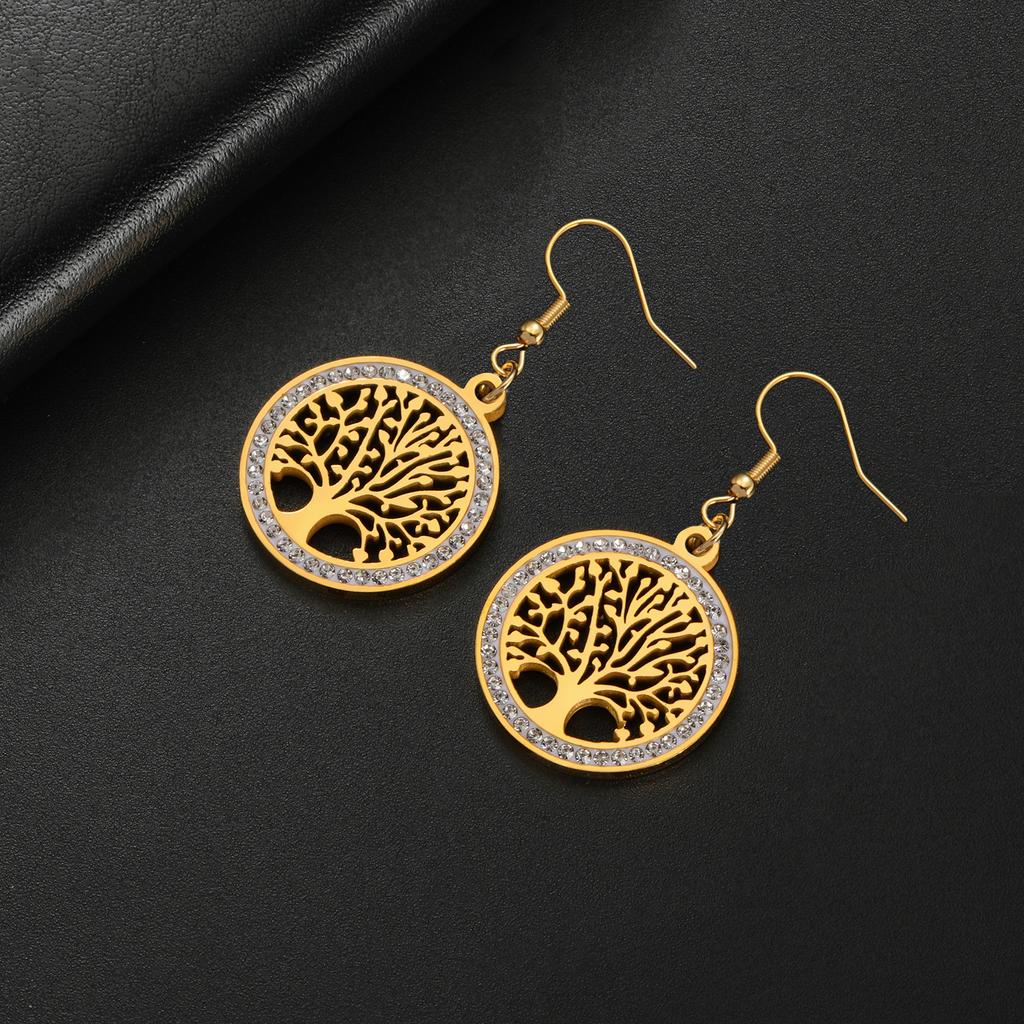 Lucktune Tree of Life Round Pendant Earrings for Women Stainless Steel Crystal Zircon Tree Earring Jewelry Valentine's Day Gifts