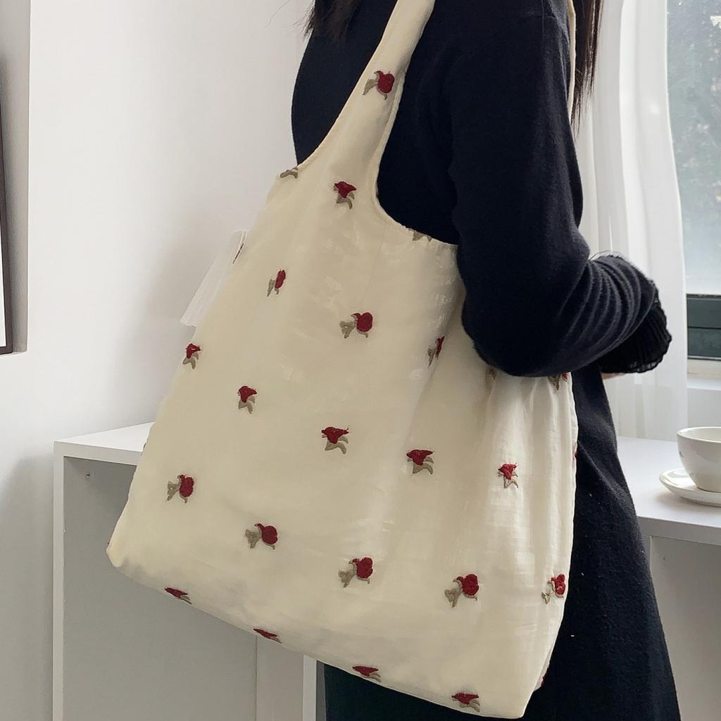 Korean Embroidered Floral Canvas Tote Bag Women's Single Shoulder Bag Casual Floral Printed Canvas Handbag Shopping Bag