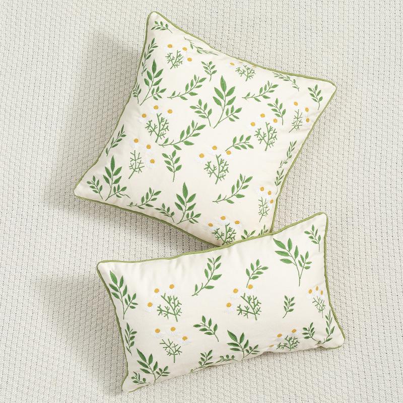 Square Plant Flower Embroidery Pillowcase Cotton Soft Natural Pastoral Style Cushion Cover for Living Room Sofa