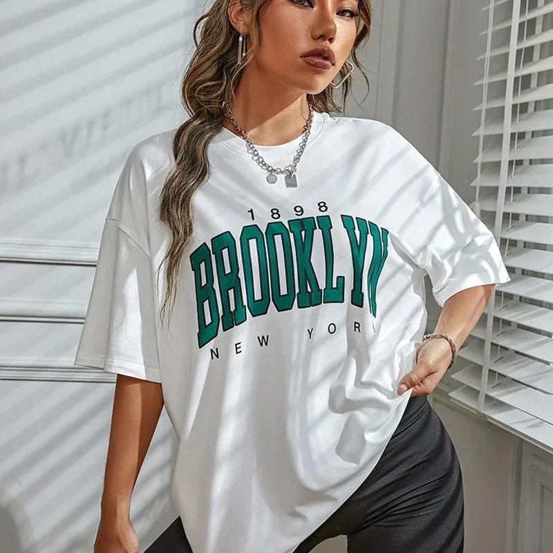 1898 Brooklyn York Letter Drop Shoulder Print TShirt Women Vintage Oversized T Shirt Simple Clothes Female Tshirt Y2K Top