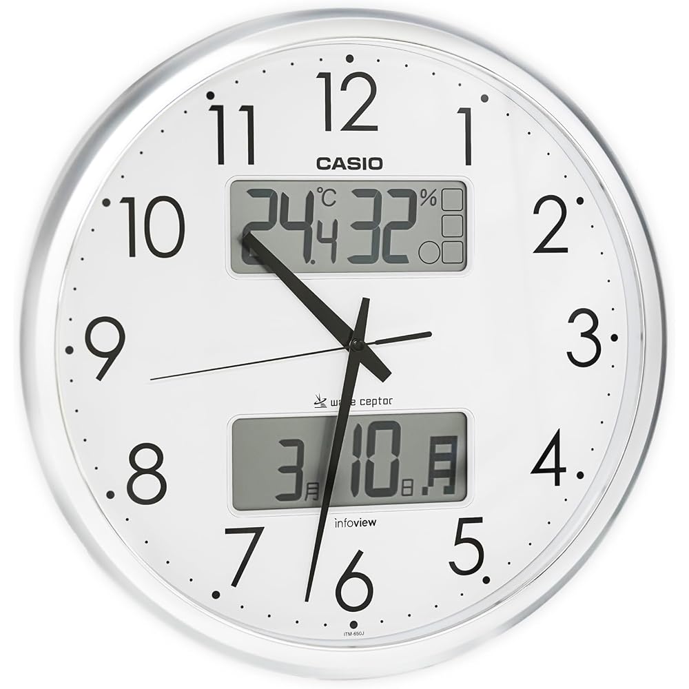 CASIO Wall Clock, Radio-Controlled, Silver, Analog, Displays Temperature, Humidity, and Calendar (ITM-650J-8JF)