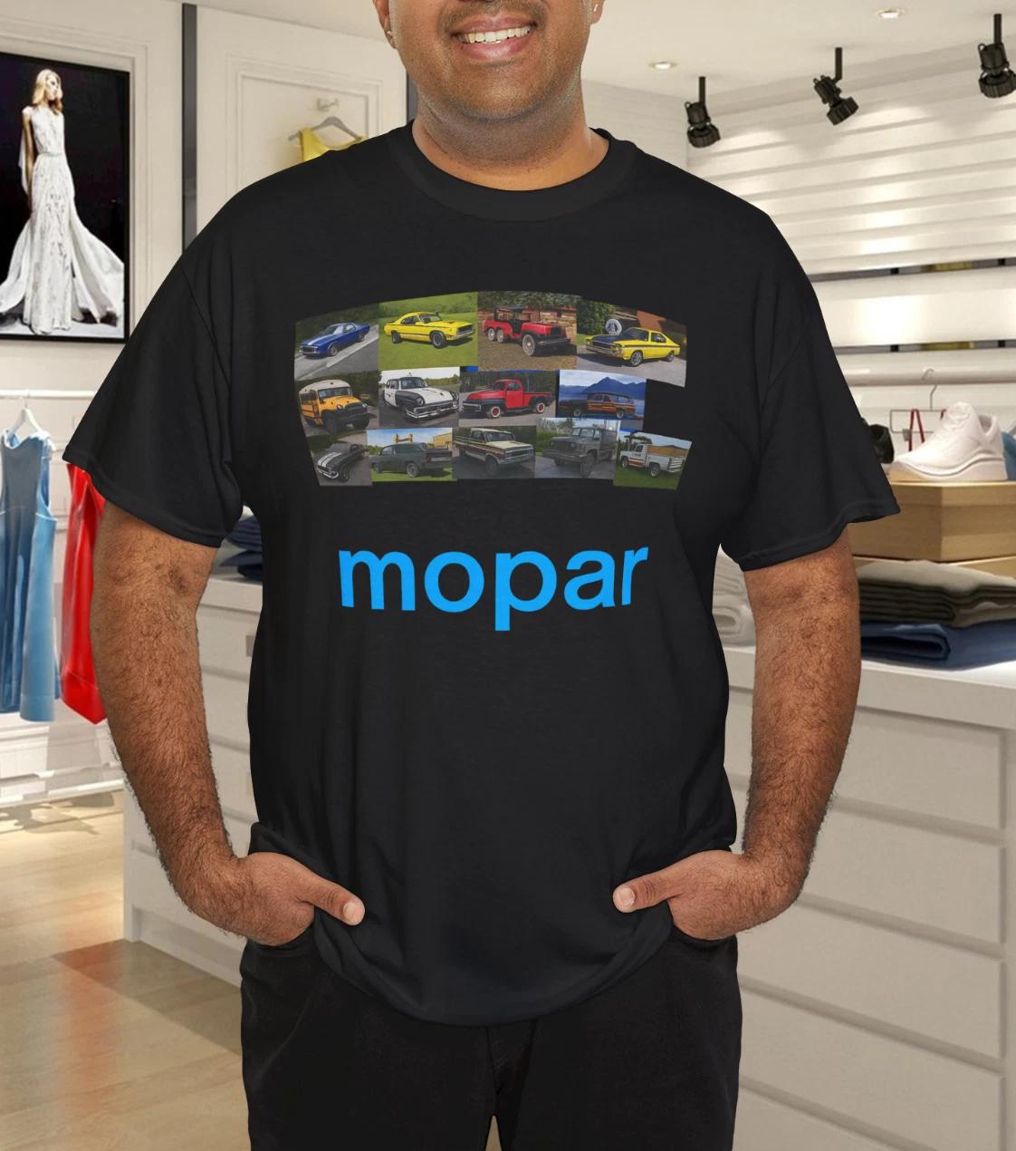 Blue Mopar Classic Cars & Trucks Collage Graphic T-Shirt for Car Enthusiasts L