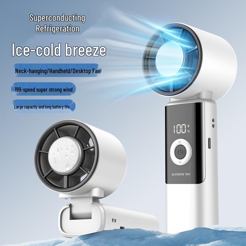 2026 USB Rechargeable Foldable Handheld Ice Cooling Fan with Simple Digital Display 5.3*5.8*18.3cm