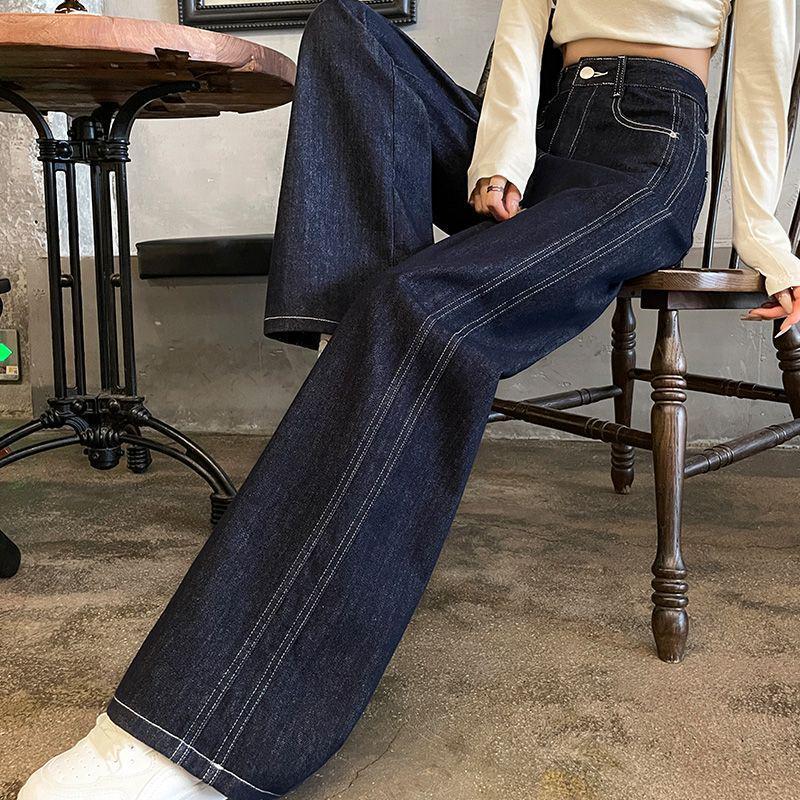 

Women s Denim Blue Wide-Leg Jeans with Velvet Lining - Contrast Stitching, Straight-Leg, Floor-Length, Petite Fit, Autumn/Winter Collection XS (Recommended 70-85 jin)