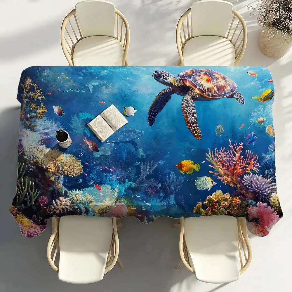 Sea World Fishes Table Cloth Party Decor Dining Room Home Kitchen Patios Waterproof Stain-Proof Table Cloth