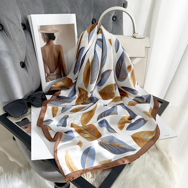 

Trendy creative color matching, leaf printing silk scarf, women s age reduction 70CM simulated silk square scarf, high-end holiday gift 70*70