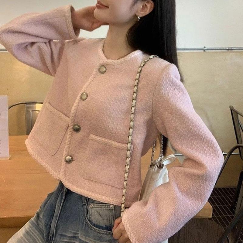 Rosa Kleine Duftjacke Damen Knopfdesign 2025 Frühjahrskleidung Locker Kurz Langärmeliges Oberteil