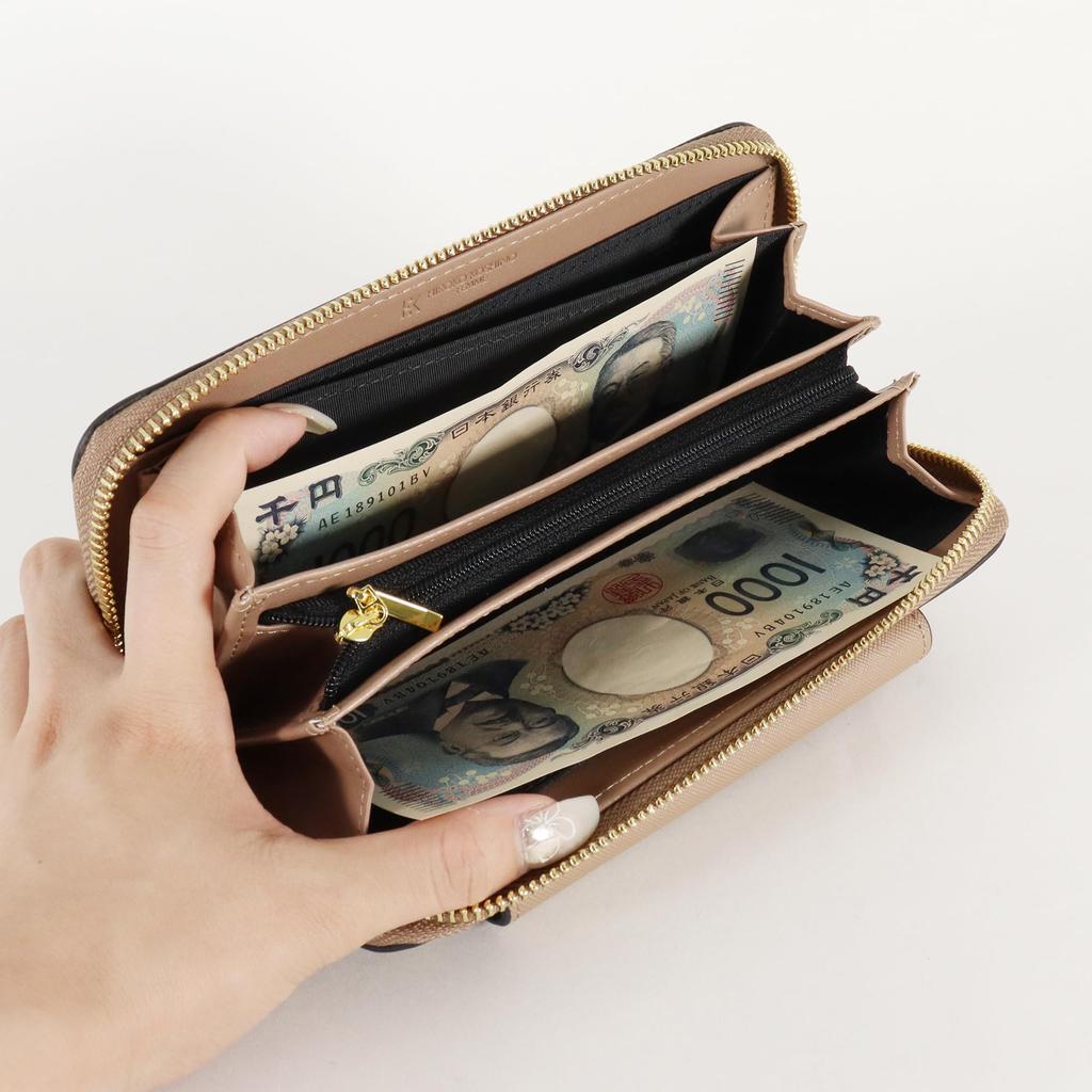 Hiroko Koshino Women's Long Wallet with Large Capacity, Flap Closure, Front Pocket, and Brooch (Pink)