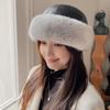The First Layer of Cowhide with Rabbit Fur Small Round Hat Women's Winter Warm Leather Hat Retro Versatile Top Hat Real Hair Bucket Hat