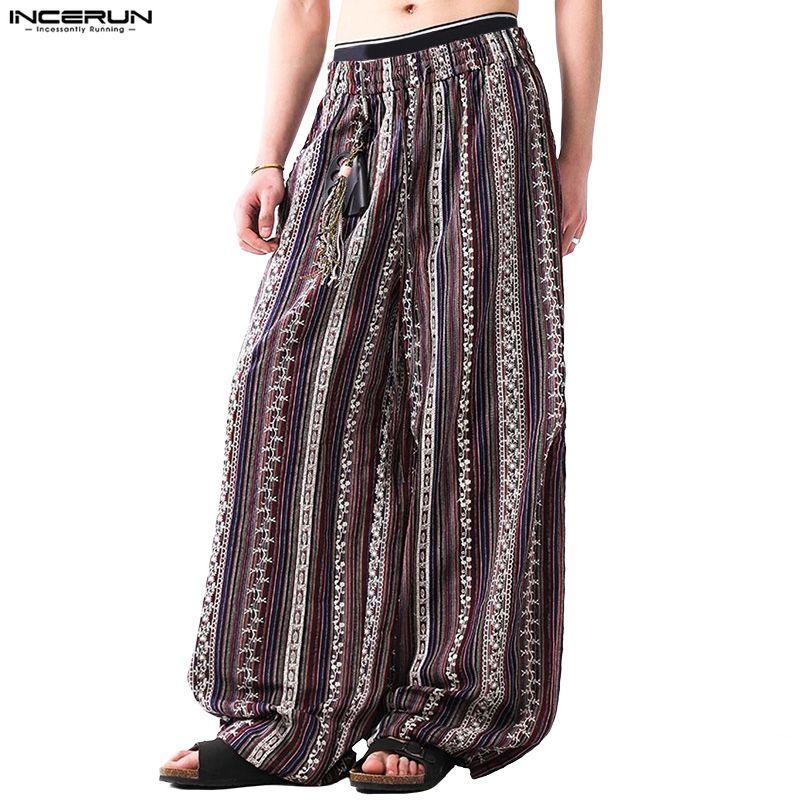 INCERUN Bohemia Men Elastic Waist Casual Long Floral Print Baggy Trousers Pants
