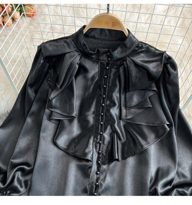 Vintage Solid Blouses Women Elegant Acetate Satin Stand Collar Flare Sleeve Design New Chic Sweet Loose Ruffles Female  Tops