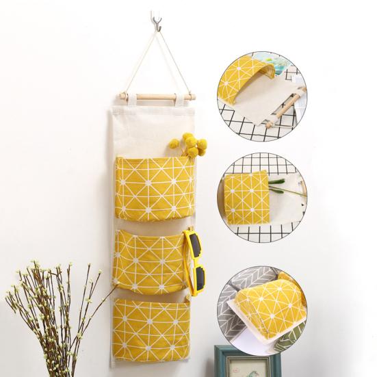 3 Pockets Wall Door Closet Home Hanging Storage Bag Linen Fabric Organizer Pouch