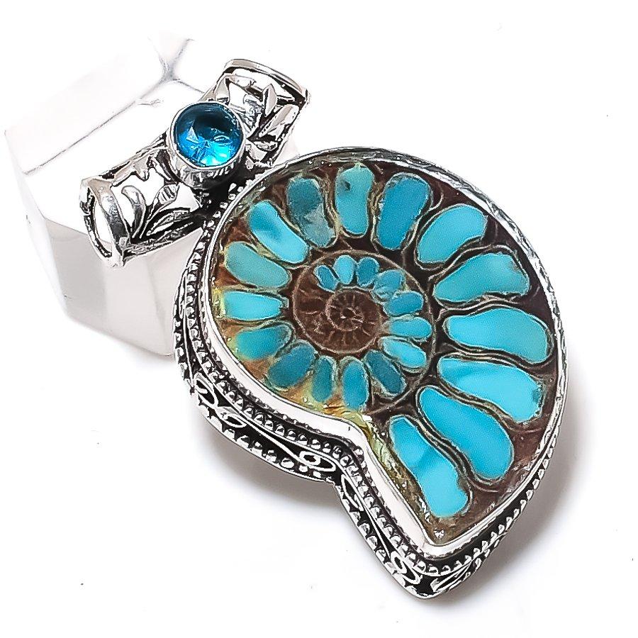 Natural Ammonite Fossil, Topaz 925 Sterling Silver Jewelry Pendant 1.65" z9R30
