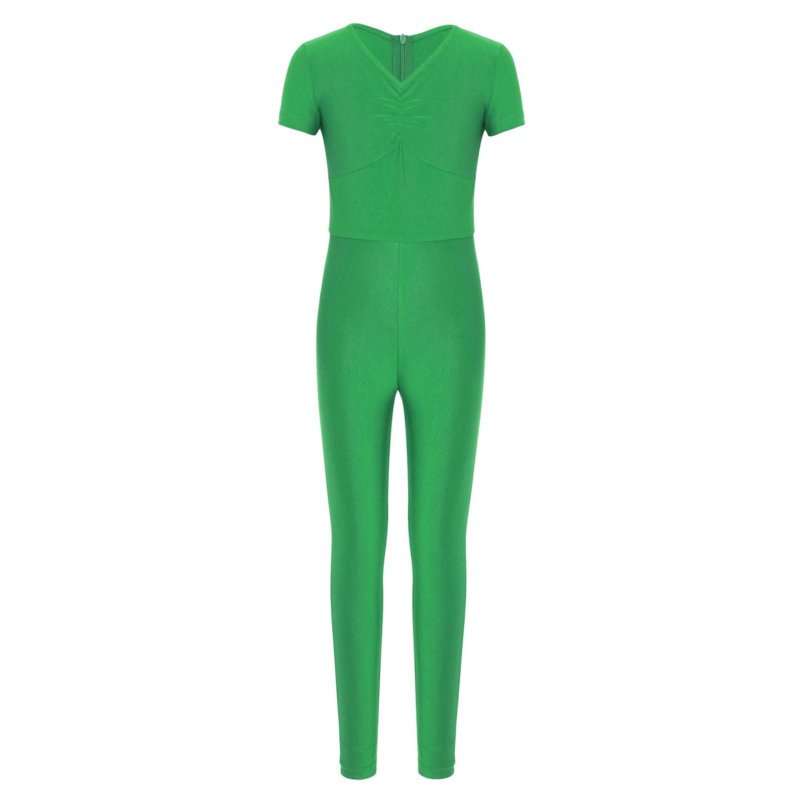 

Дитячий гімнастичний танцювальний комбінезон з драпіруванням спереду, V-подібним вирізом, коротким рукавом, прихованою блискавкою на спині, боді для фігурного катання та балету зелений