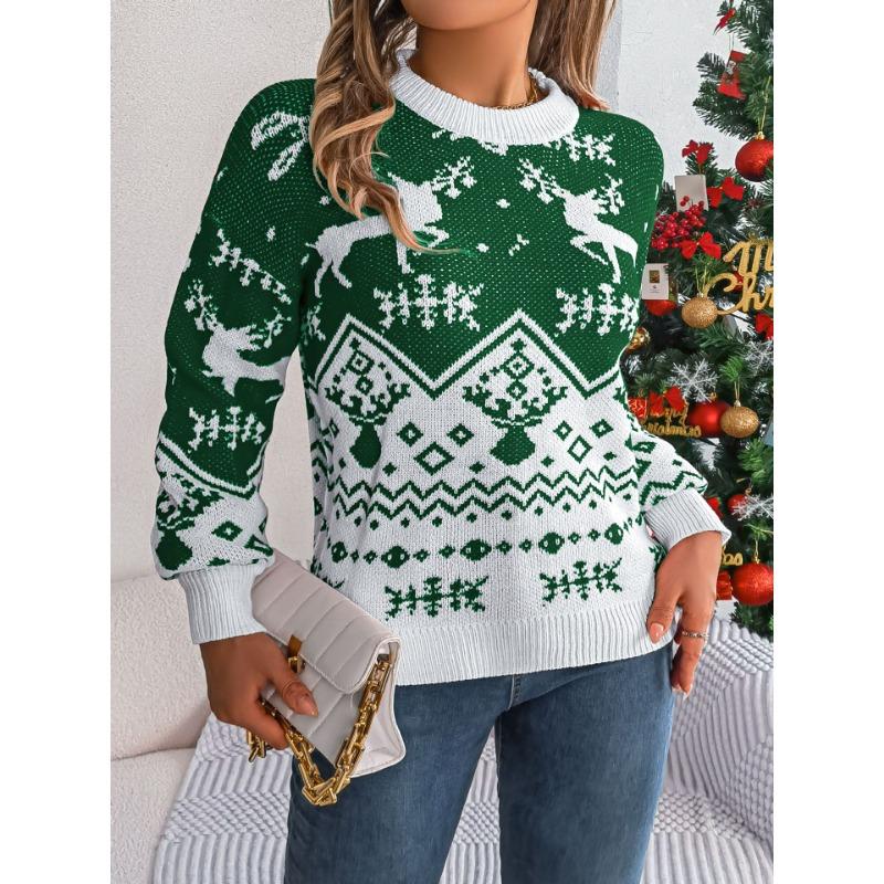 2025 Autumn and Winter Casual Fawn Pattern Long-sleeved Pullover Sweater Christmas
