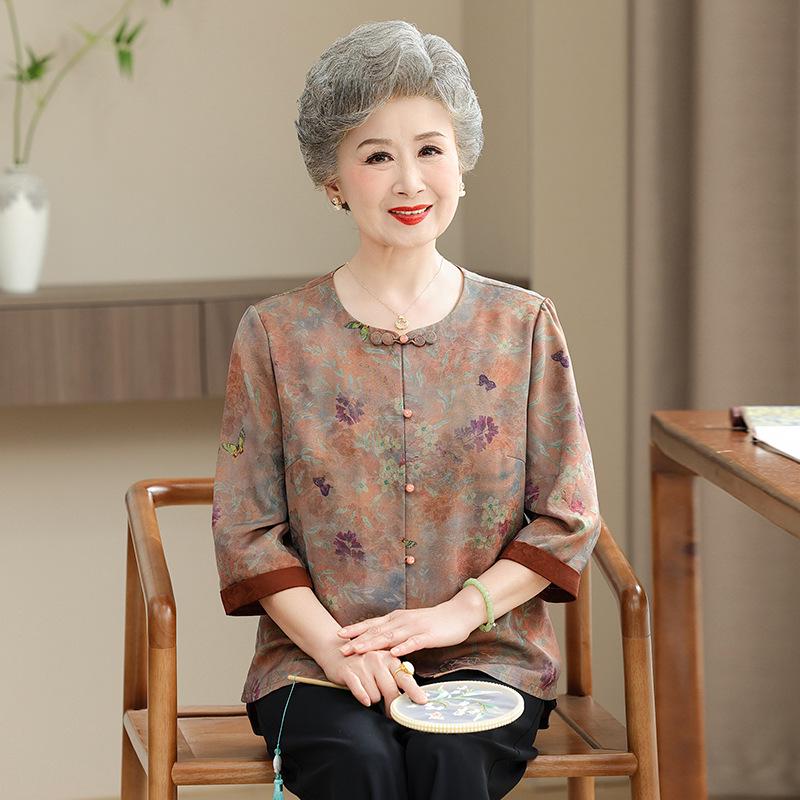 

Silk Short-Sleeve Tang Shirt for Elderly Women 4XL (recommended 135-150 jin) оранжевый